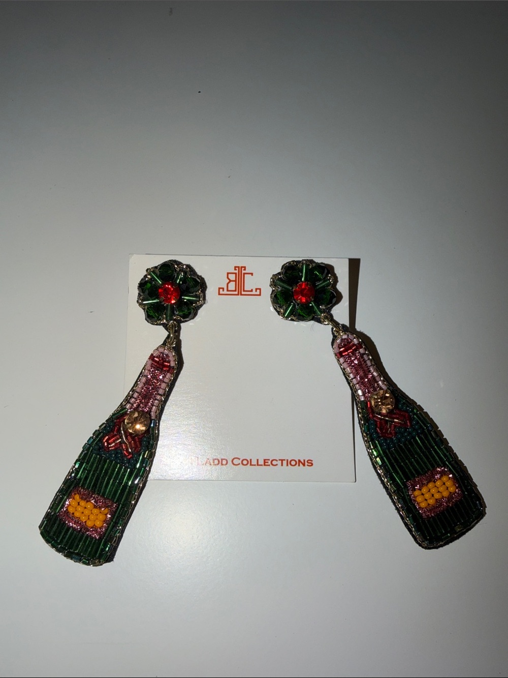 Beaded Green & Pink Champagne Bottle Drop Earrings